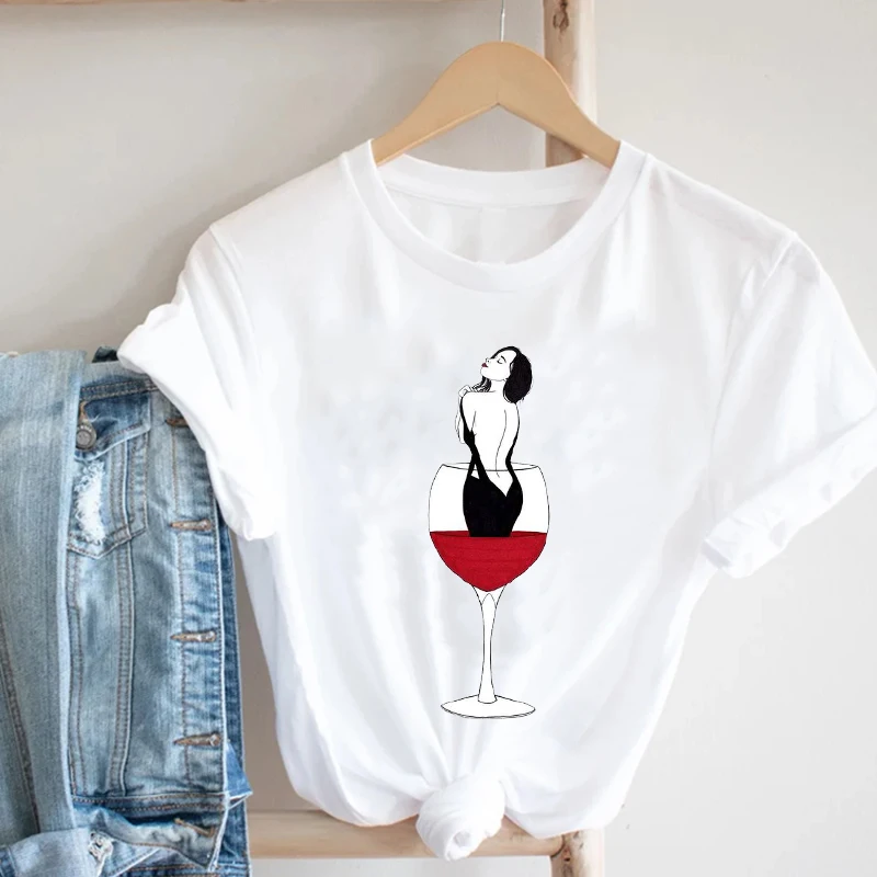 Donne Dei Vestiti di Stampa di Vino Della Signora Manica Corta Casuale 90s Del Fumetto di Modo Bella Stampa Tee Top Maglietta Bella Grafica T-Shirt