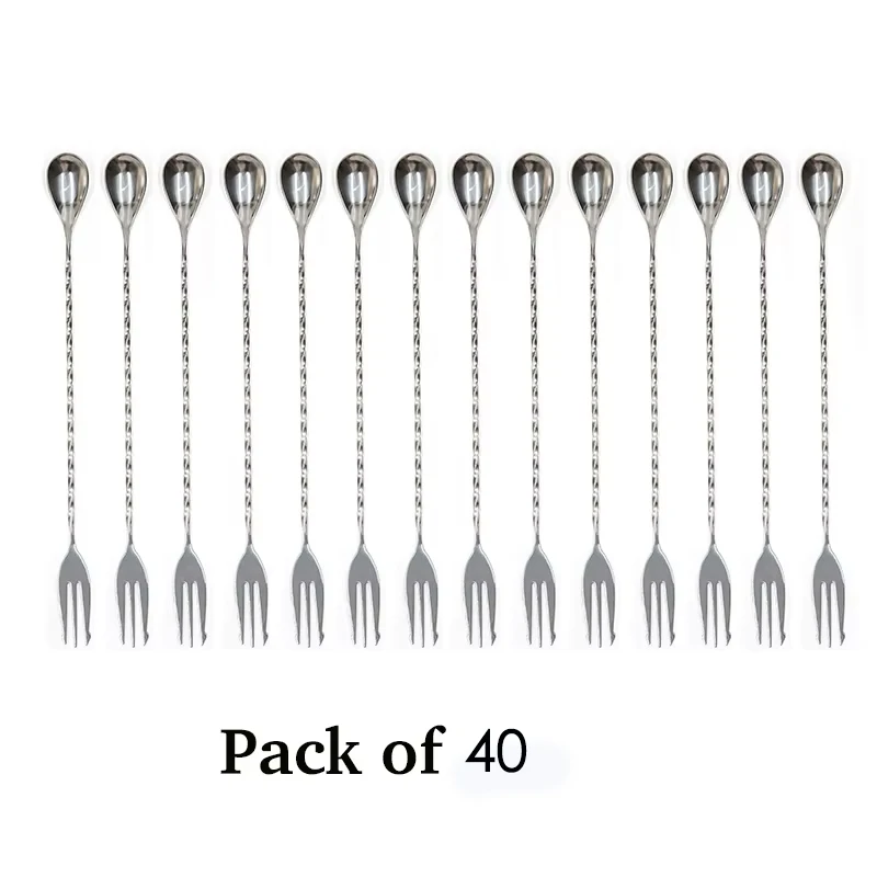 40PCS 12inch (30cm) Cocktail Spoon Handle Twisted Spoon with Trident
