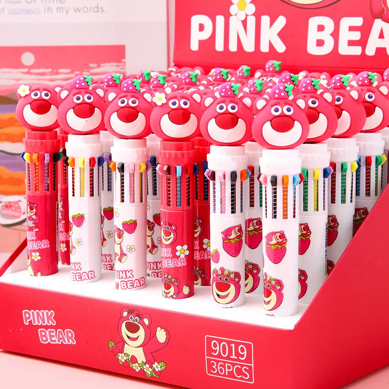 

36pcs Disney 10 Color Ballpoint Pen Kawaii Lotso Cartoon Strawberry Bear School Office Supply Student Stationery Writing Signing