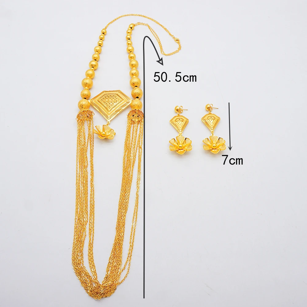Fashion Gold Color Ethiopian Jewelry Set Long Tassel Pendant Earrings Wedding Bride Necklace Set Mallzona