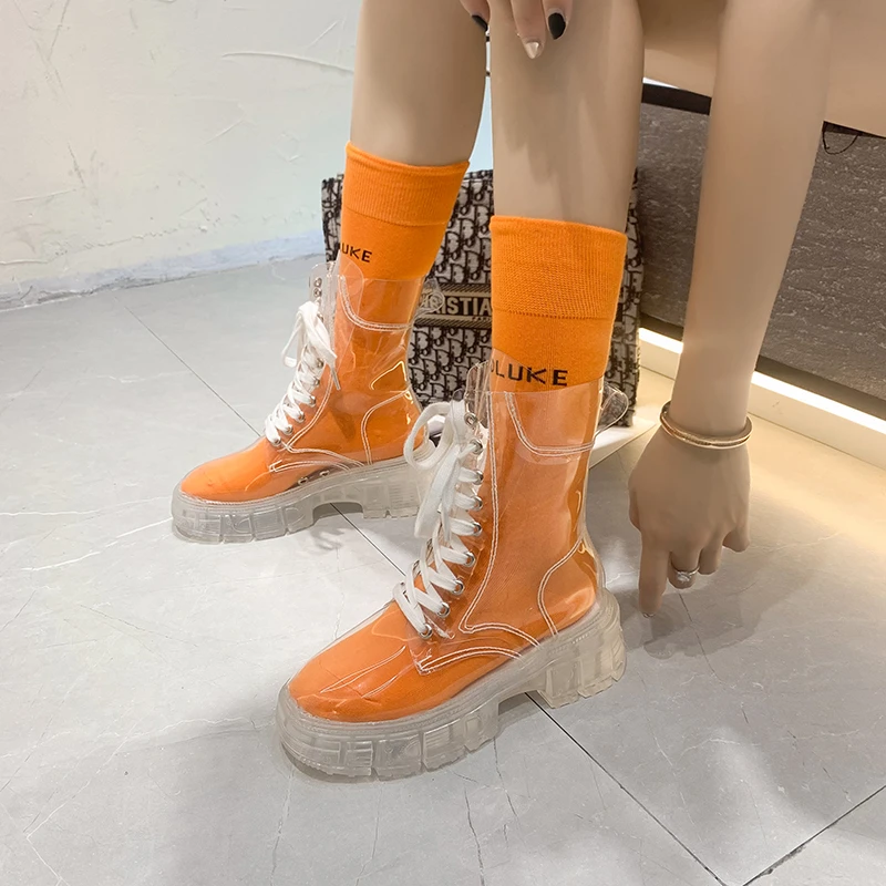 

2022 Cool Fashion Women Transparent Platform Boots Waterproof Ankle Boots Feminine Clear Heel Short Boots Sexy Female Rain Shoes