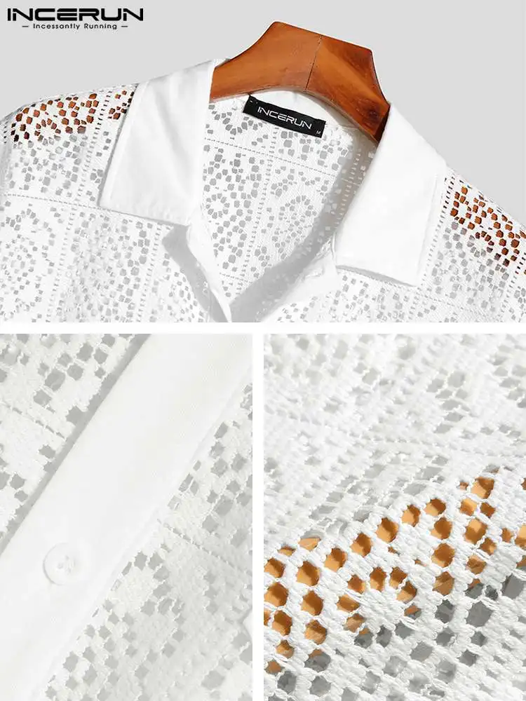 Fashion Casual Style New Men's Tops INCERUN Hollow Lace Pane Flower Printed Blouse Male Knitted Short-sleeved Shirts S-5XL 2023 5