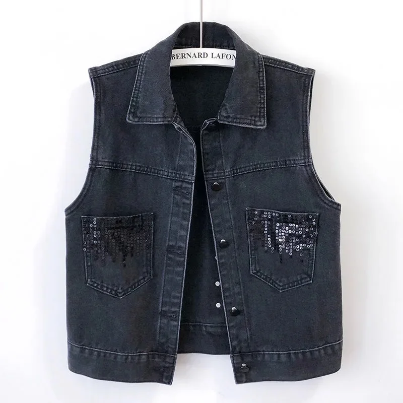 2023 Vest for Women Jeans Veste Femme Casual Sleeveless Black Short Jacket Single-breasted Pocket Female Waistcoat Overcoat