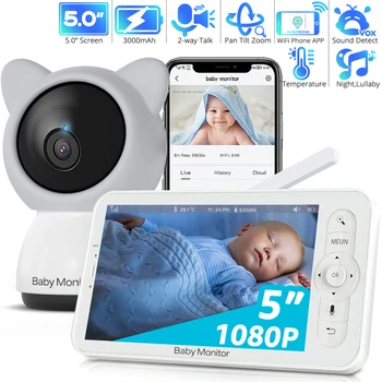 WiFi 베이비 모니터, 5인치 720P 디스플레이, 1080p 카메라, HD 나이트 비전, 원격 팬 틸트 줌, 양방향 토크, 무료 스마트폰 앱, 3000mAh 배터리, 1000피트