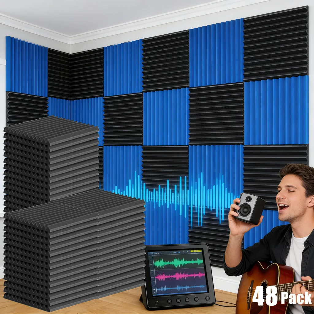 แผ่นโฟมอะคูสติก 48 ชิ้น ขนาด 1 นิ้ว x 12 นิ้ว x 12 นิ้ว แผ่นซับเสียงรูปทรงลิ่มสำหรับห้องสตูดิโอ แผ่นกันเสียงติดผนัง โฟมสำหรับการรักษาเสียงและฉนวนกันเสียง 1