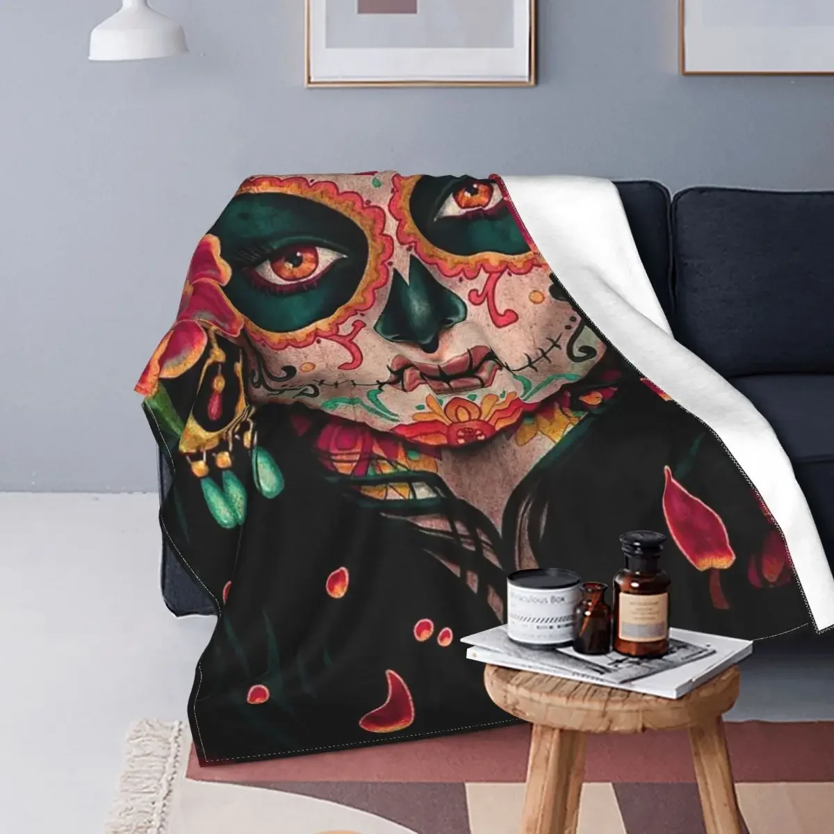 

Sugar Skull Halloween Blankets Flannel Mexican Super Warm Throw Blankets for Car Sofa Couch Bedspread