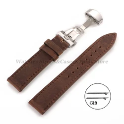 Vintage - Style Crazy Horse Leather Watch Strap with Butterfly Buckle and Timeless Stitching - 22mm (Dark Brown)