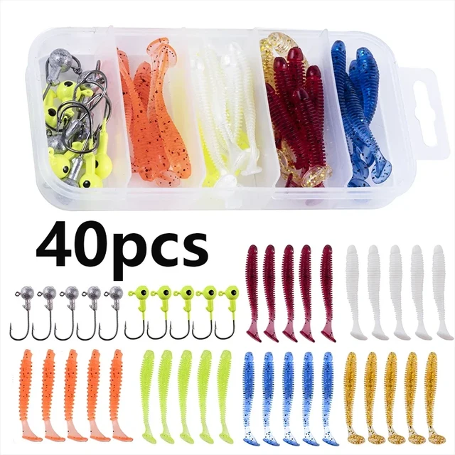 YUSUPKOO 40pcs Soft Lure Kit Soft Fishing Lure 5cm 0.7g Jig Head Hook 3.2cm