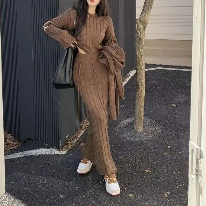 2 Pieces Set Thick Winter Fall Knitted Tops And Skirt Suit With Hooded For Muslim Women #25W002