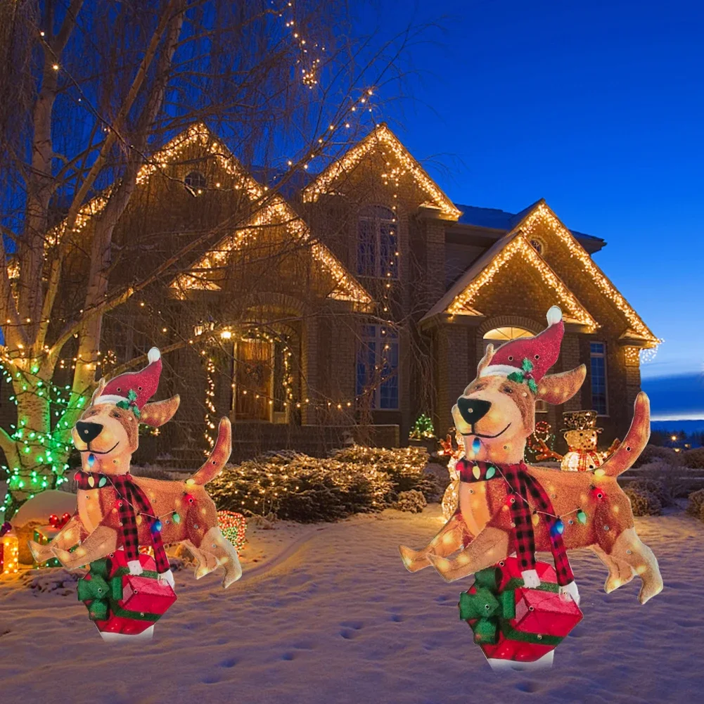 Mimic Dog Shape Sign Waterproof Light Up Puppy Figurine Wearing Xmas Hat Acrylic for Home Garden Front Pathway Walkway