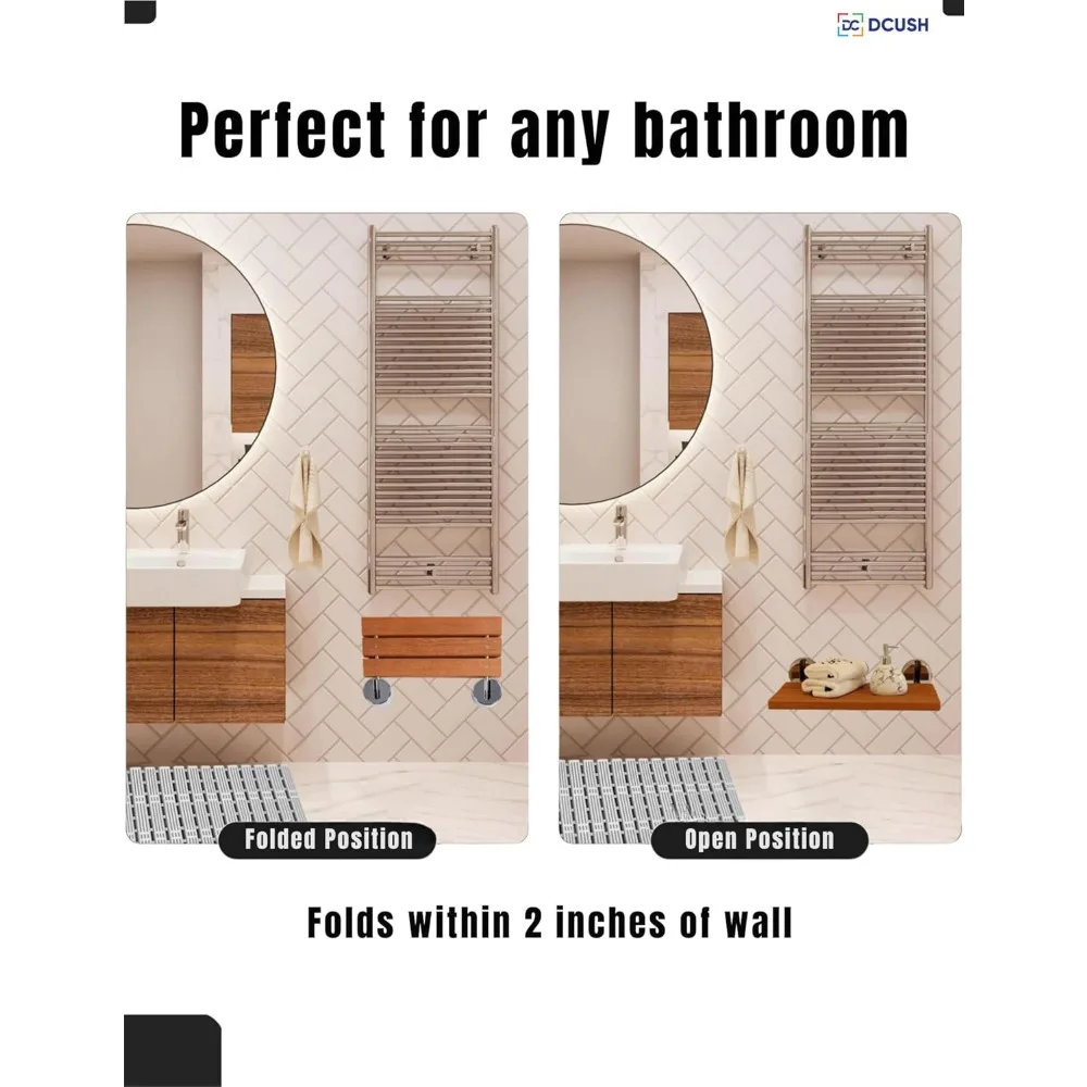 Chrome 20" Wide Wall Mounted Teak Folding Shower Bench Seat - Shower Chair or Sauna Bench - Hot Tub Bench - Entryway Fold Down 4