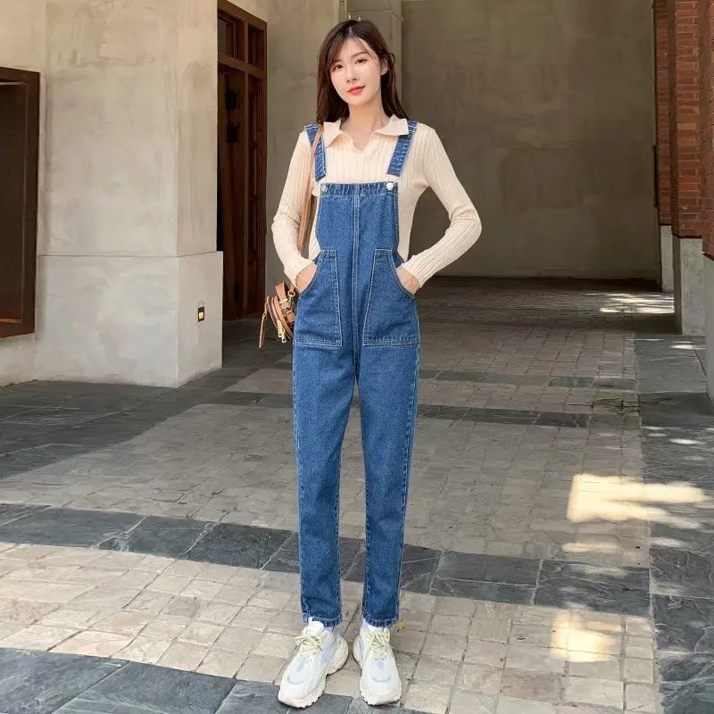 Feynzz 2022 Spring And Autumn New Denim Overalls Nine Points Casual Trendy Pants Women's Loose Fat MM Slim Student Jumpsuit autumn and winter new elegant women s overalls 2022 brown temperament straight high waist fashion jumpsuit bodycon jumpsuit