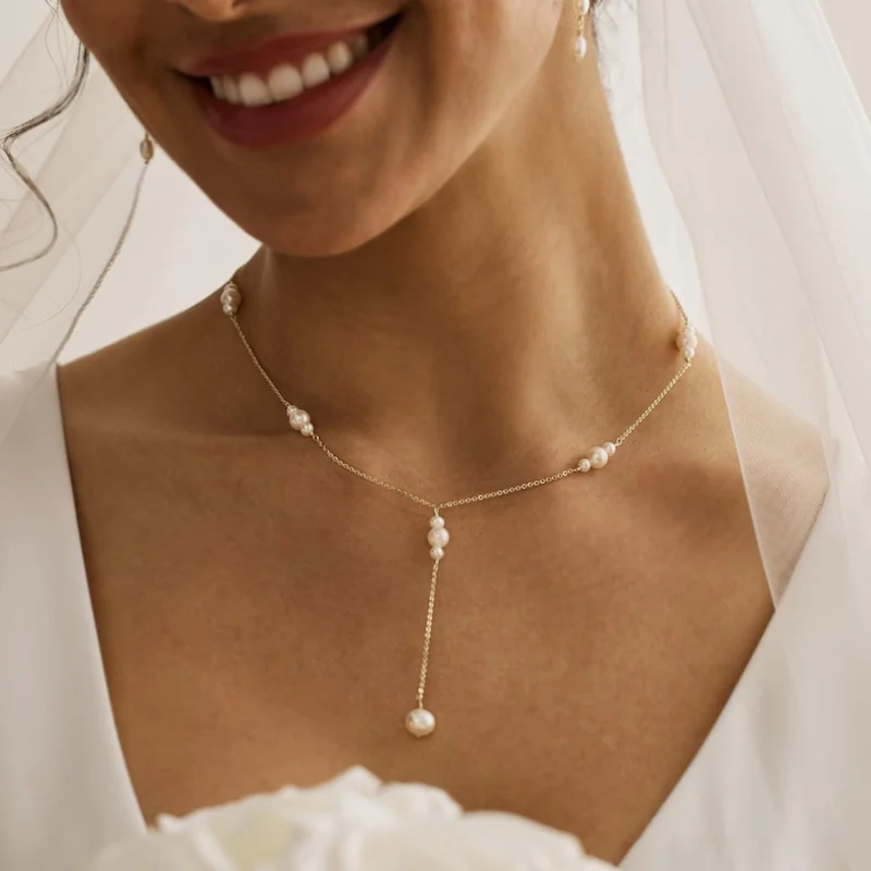 Classy Bride Wedding Pearl Necklace Stainless Steel Thin Metal Chain Long Pearls Pendant Clavicle Choker for Women Trend Jewelry