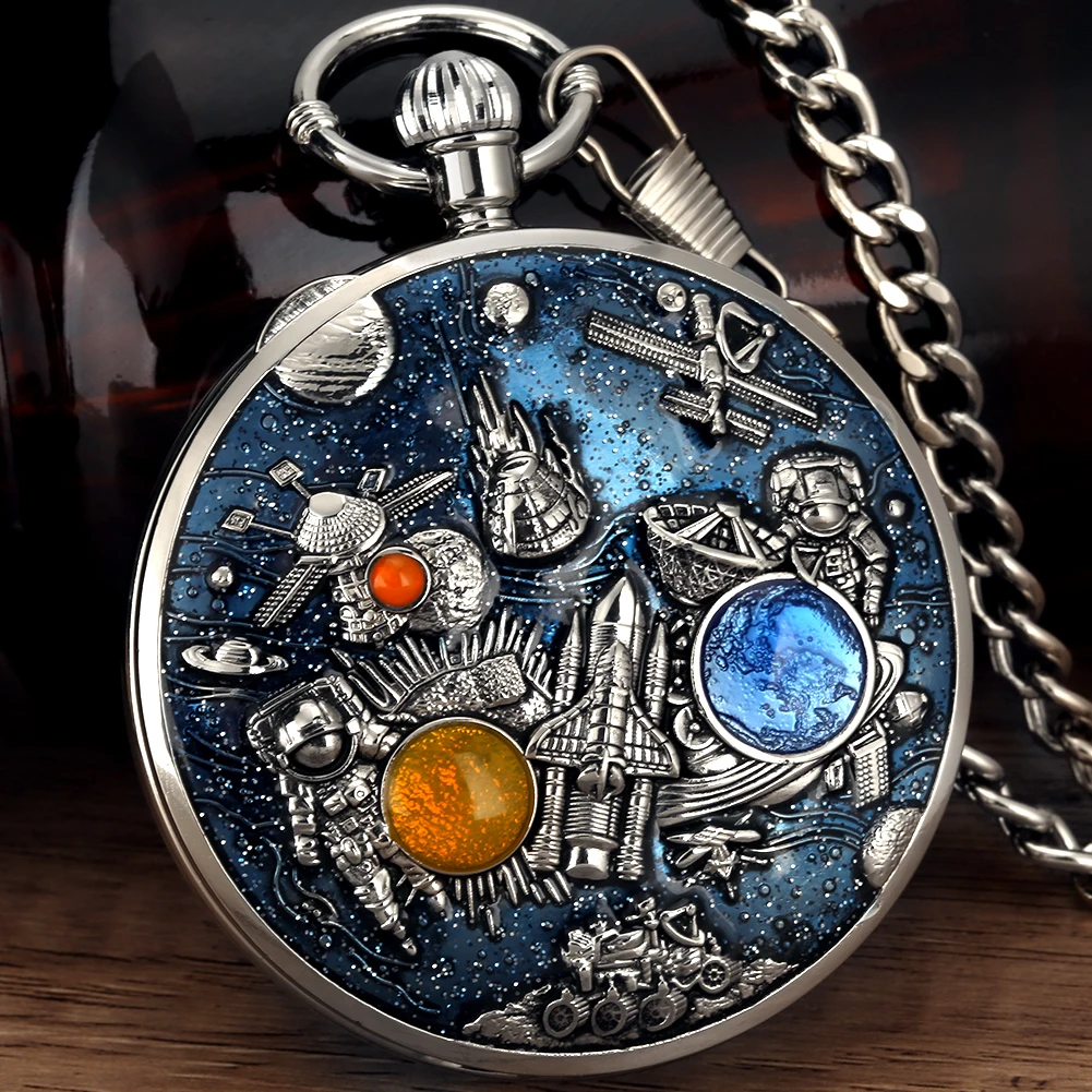 

Fashion Silver Music Pocket Watches Blue Epoxy Case Quartz Pendant Pocket Watch Musical Movement Hand Crank Playing Music Clocks