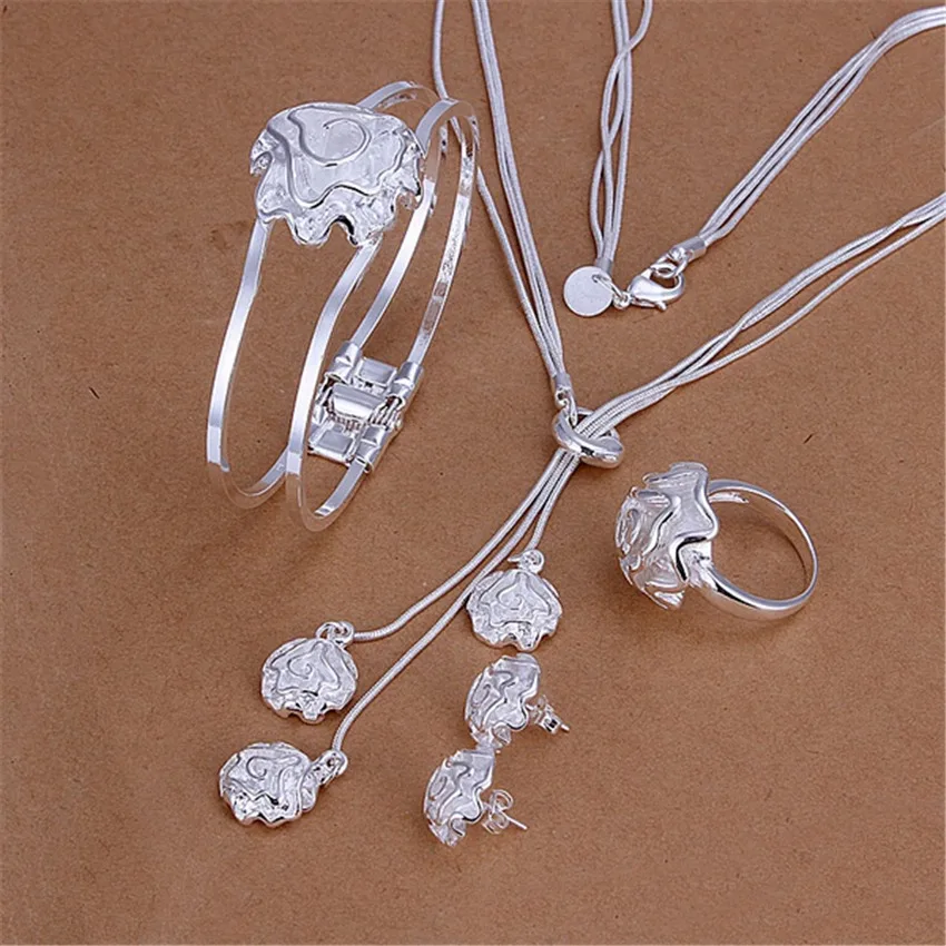 925 sterling Silver beautiful rose flower bangle rings Bracelets necklace earrings stud Jewelry set for women party wedding gift