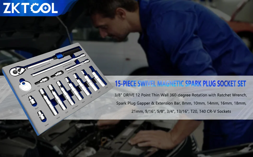 15 Stück magnetischer Zündkerzenschlüssel-Adapter, 12 Winkel, mit Ratschenschlüssel, Zündkerzenspalt und Verlängerungsstange – Detail 1