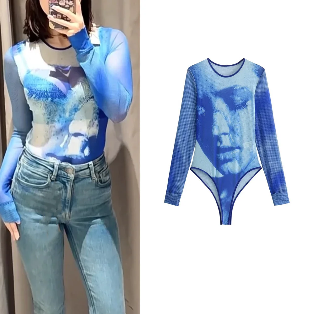 

BSK&TRAF summer new 2024 American hot girl slim sexy printed tulle T-shirt jumpsuit for women 1165226