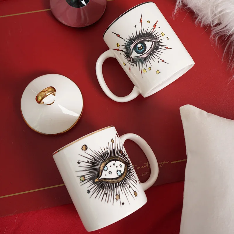 

Creative Design Stars Eye Mug Italian Coffee Mug Tea Cup Breakfast Milk Cup European Home Decorative White Ceramic Drinking Tool