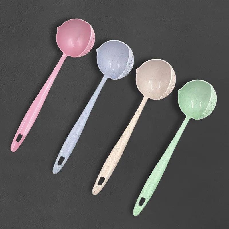 2 in 1 Creative Soup Spoon Long Handle Spoon Creative Spoon Strainer Spoon Cooking Tools Kitchen Wheat Straw Soup Spoon