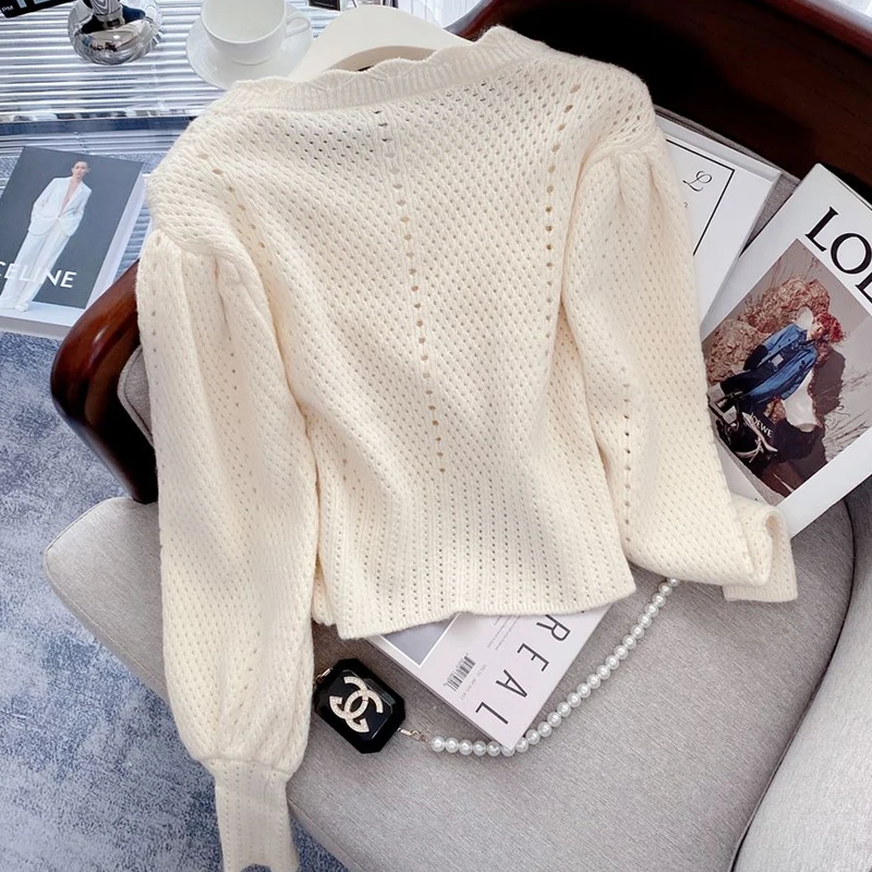 여성용 트렌디 할로우 카와이 시크 겉옷, 싱글 브레스트 니트 카디건, Y2K 여성 캐주얼 스위트 솔리드 긴팔 스웨터 코트