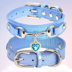 Elegant PU Leather Dog Collar with Gemstone Decoration, Adjustable Fit - M (BLUE)