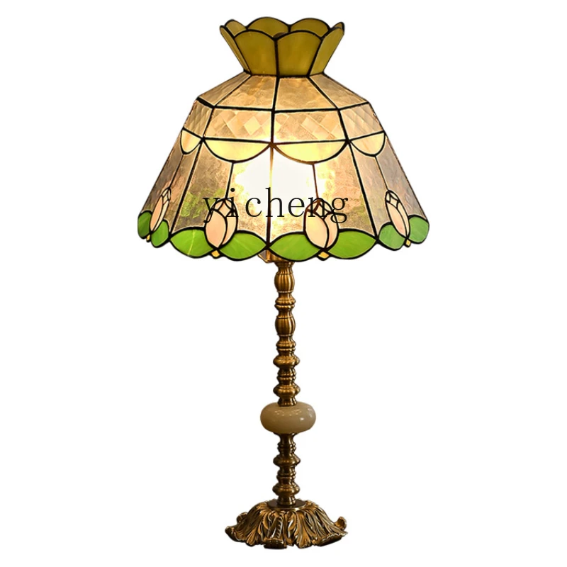 

ZC Glass Retro Living Room Table Lamp Bedroom Bedside Study Living Room Sofa Creative Simple French Style Copper