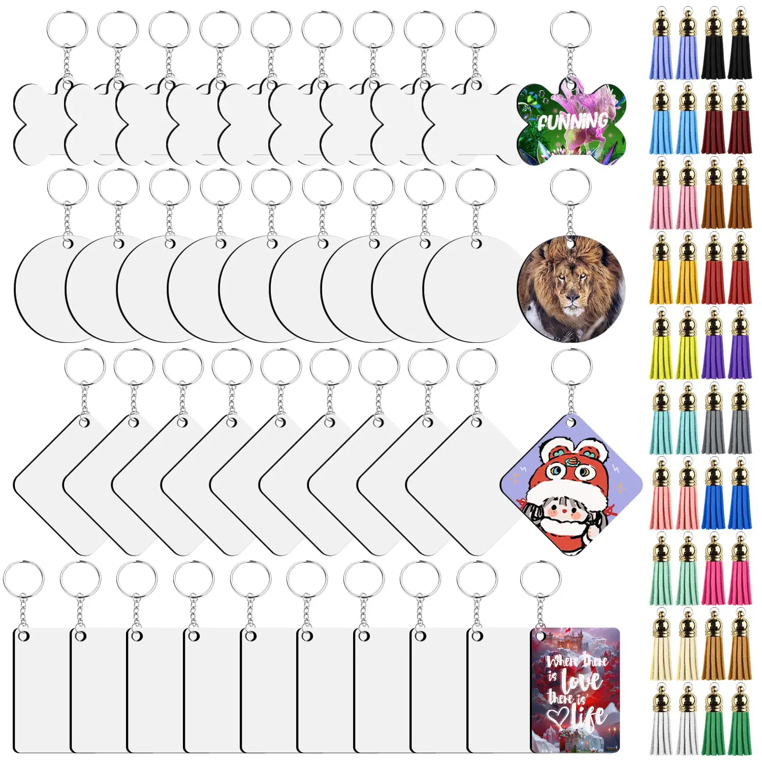 

200Pcs Sublimation Blanks Keychain with 4 Shape Heat Transfer Double Side MDF Sublimation Tassels Keychain Rings Jump Rings