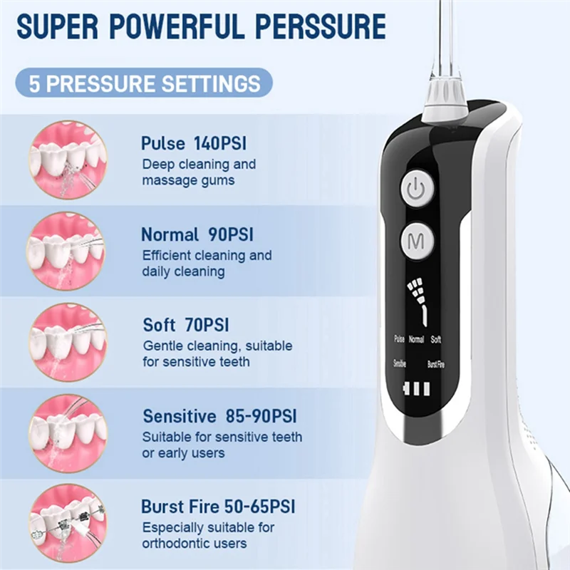 Oral Irrigator USB Rechargeable Portable Dental Water Jet 330ML Water Tank Waterproof Teeth Cleaner White