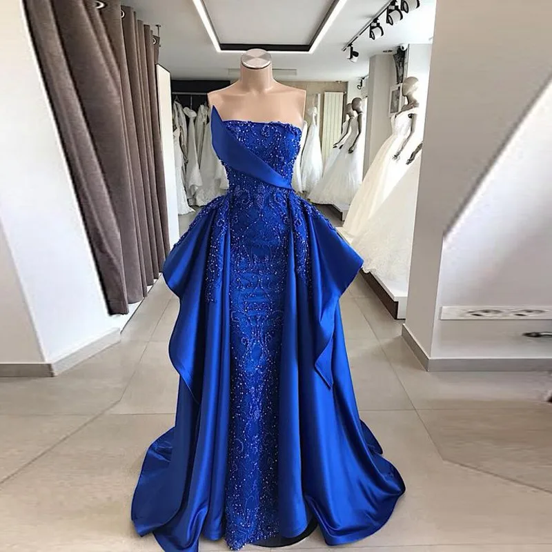 

Royal Blue Satin Evening Dress Off Shoulder Beaded Ball Dress Plus Size Formal Party Banquet Dress