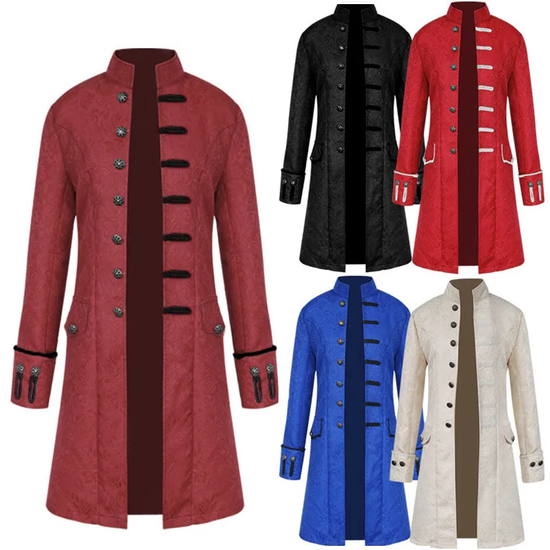 

European And American Men's Medieval Vintage Jacquard Stand Collar Coat