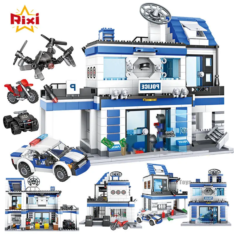 Construction Vehicles build a Lego Police station 