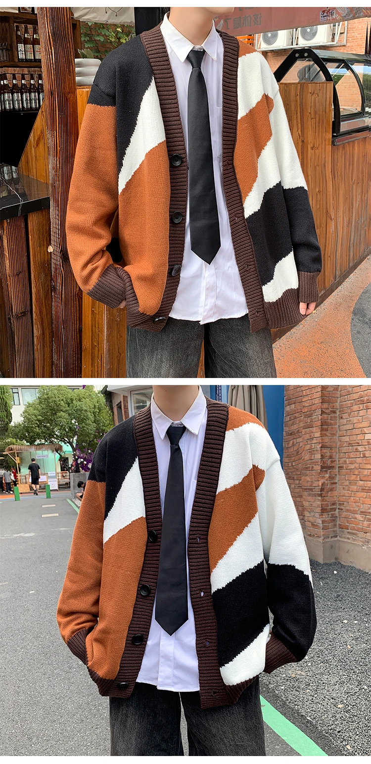 Description Picture 4 of item2024 Men Cardigan Autumn Male Outwear Mens Sweaters V-neck Retro Japanese Contrast Color Casual Oversized Loose Sweater Z53