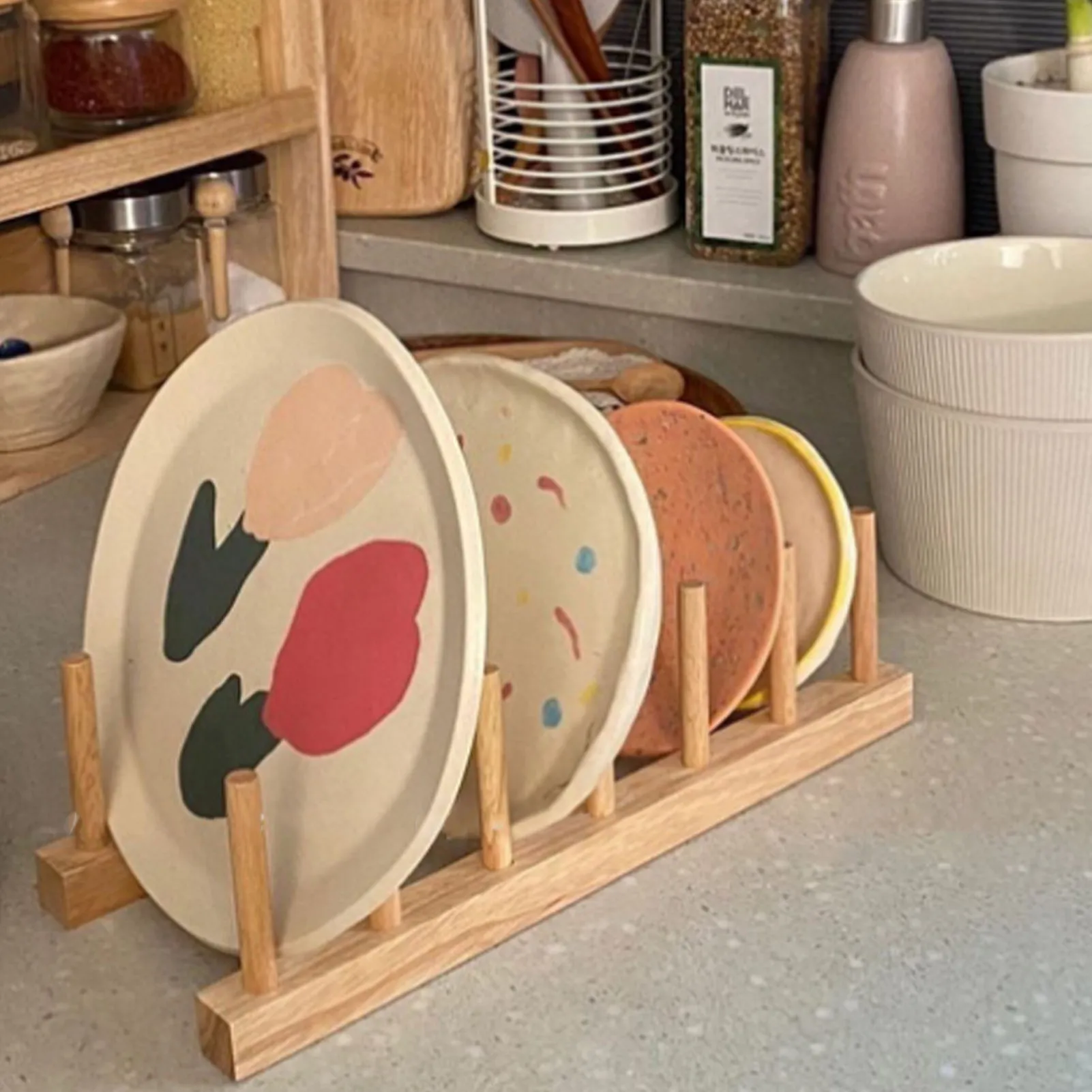 

Solid Bamboo Plate Rack Cutting Board Saucers Draining Dishes Support Wooden Kitchen Storage Accessories Pot Lid Holder