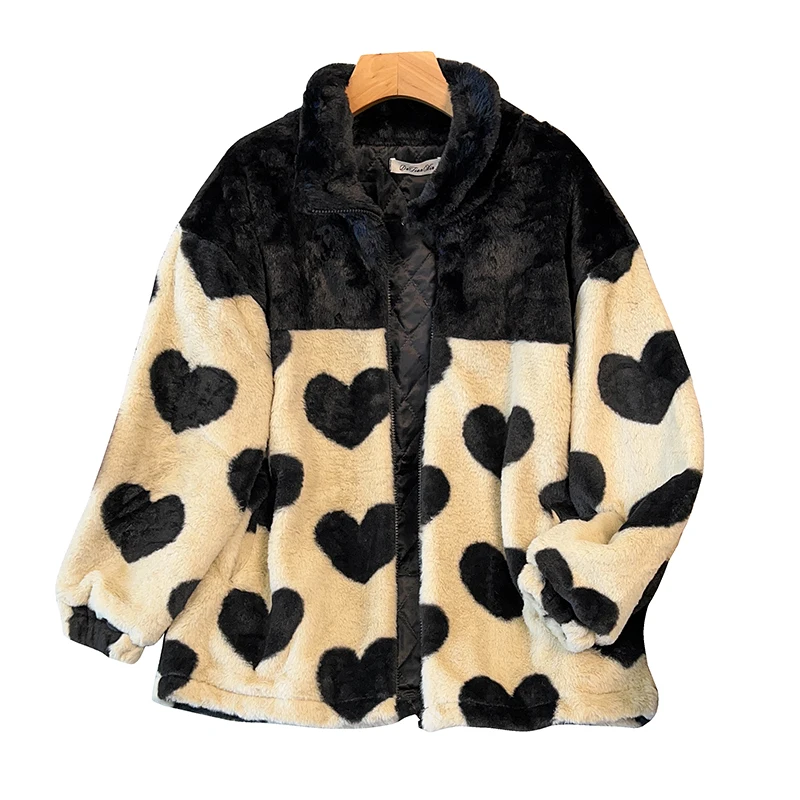 Cárdigans de retales con estampado de corazón de terciopelo grueso de algodón suelto coreano para mujer, chaqueta de felpa con cremallera elegante de gran tamaño, Y2k, invierno, nuevo - Image 5