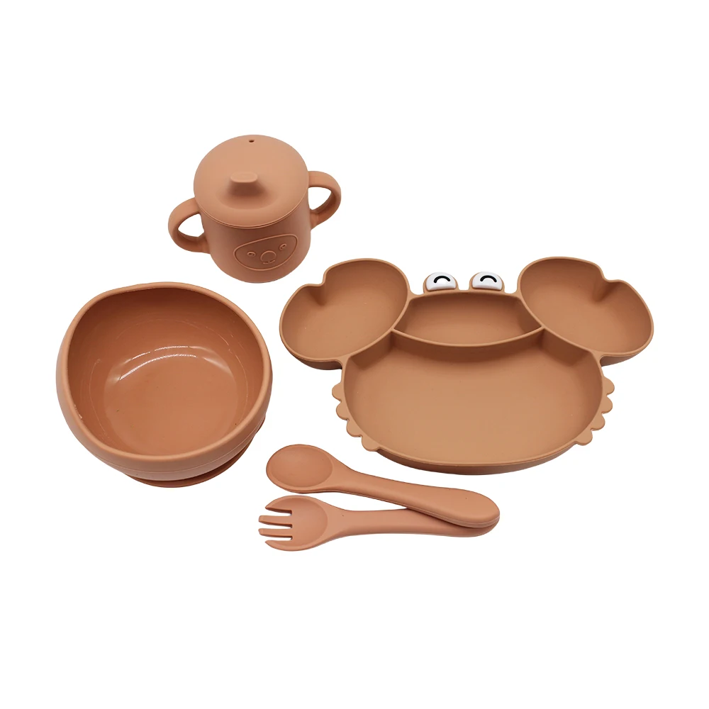 Baby Tableware Set Crab Compartment Plate with Silicone Easy to Wash Boilable Sterilized Baby Eating Training Tableware Set