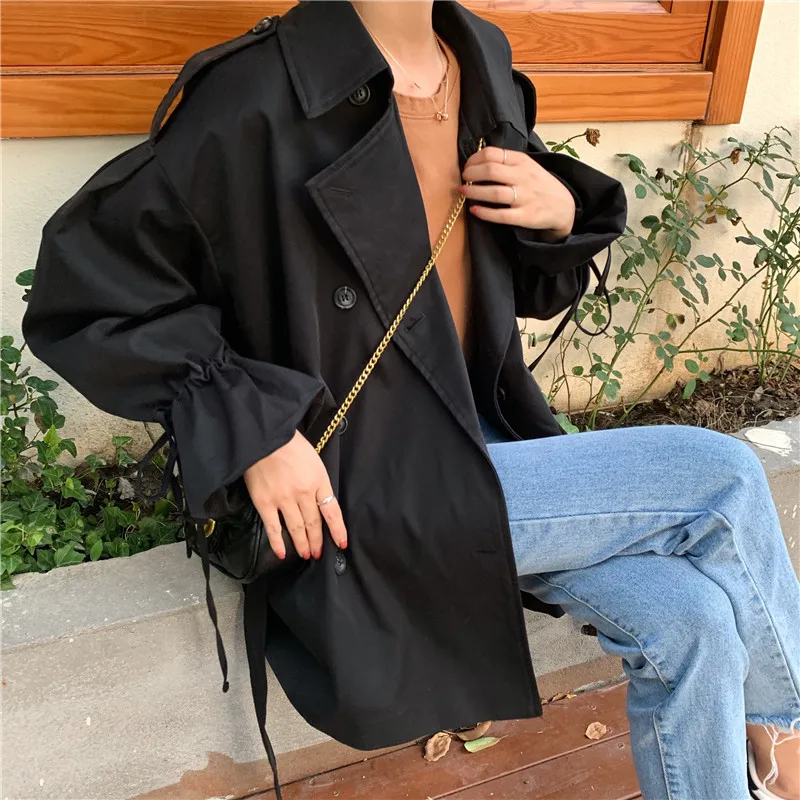 Autumn 2021 Vintage Korean Style Windbreaker Jacket Women's Turn Down Collar Lace-Up Waist Drawstring Coat Female Popular Tops maxi puffer coat womens Coats & Jackets