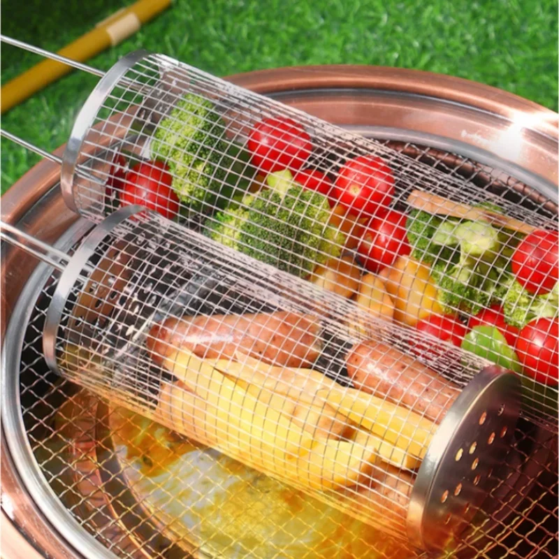 BBQ Basket Grill Oven Accessories Portable Stainless Steel Barbecue Cages Grill Basket Camping Picnic Cookware Outdoor Round BBQ Campfire Grid Rolling Grill Baske