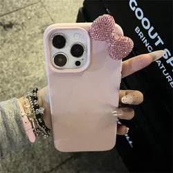Luxury Rhinestone Bow Litchi Pattern Leather Phone Case - Soft Shockproof Cover - iPhone 12 Pro (Pink)