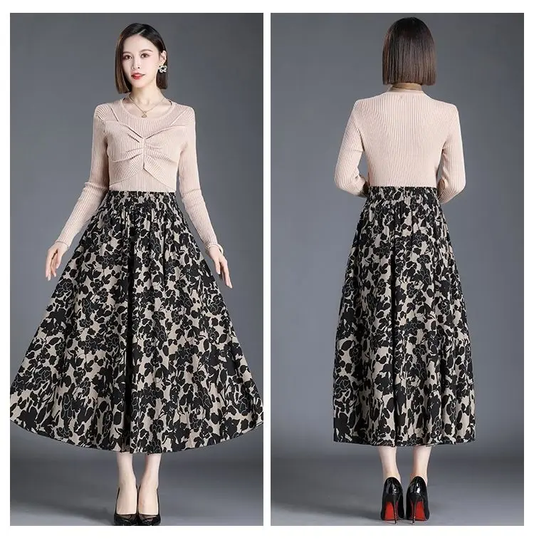 Cotton Linen Skirt 2022 Spring Autumn New Double-layer High Waist Large Swing A-line Skirt Women Retro Broken Flowers Show Thin black pencil skirt