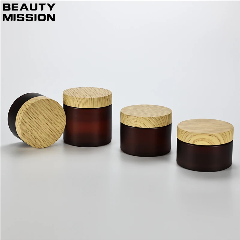 

100g-200g x 20 Frosted Amber Plastic Jar With Imitation Wood Grain Plastic Lid For Face Cream Cosmetics Ointment Packaging Boxs