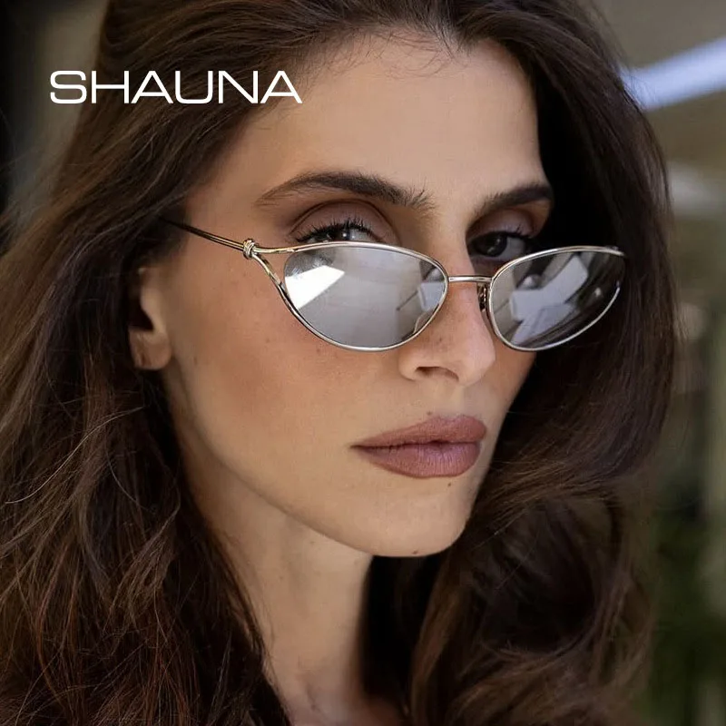 SHAUNA Modische Metall-Sonnenbrille für Damen, Katzenaugen-Design, beliebt, hellgraue Gläser, UV400