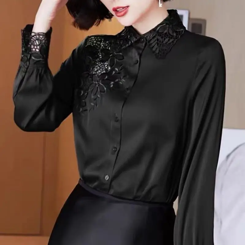 

Elegant Solid Color Hollow Out Embroidery Satin Shirt Women's Clothing 2023 Spring New Casual Tops All-match Office Lady Blouse
