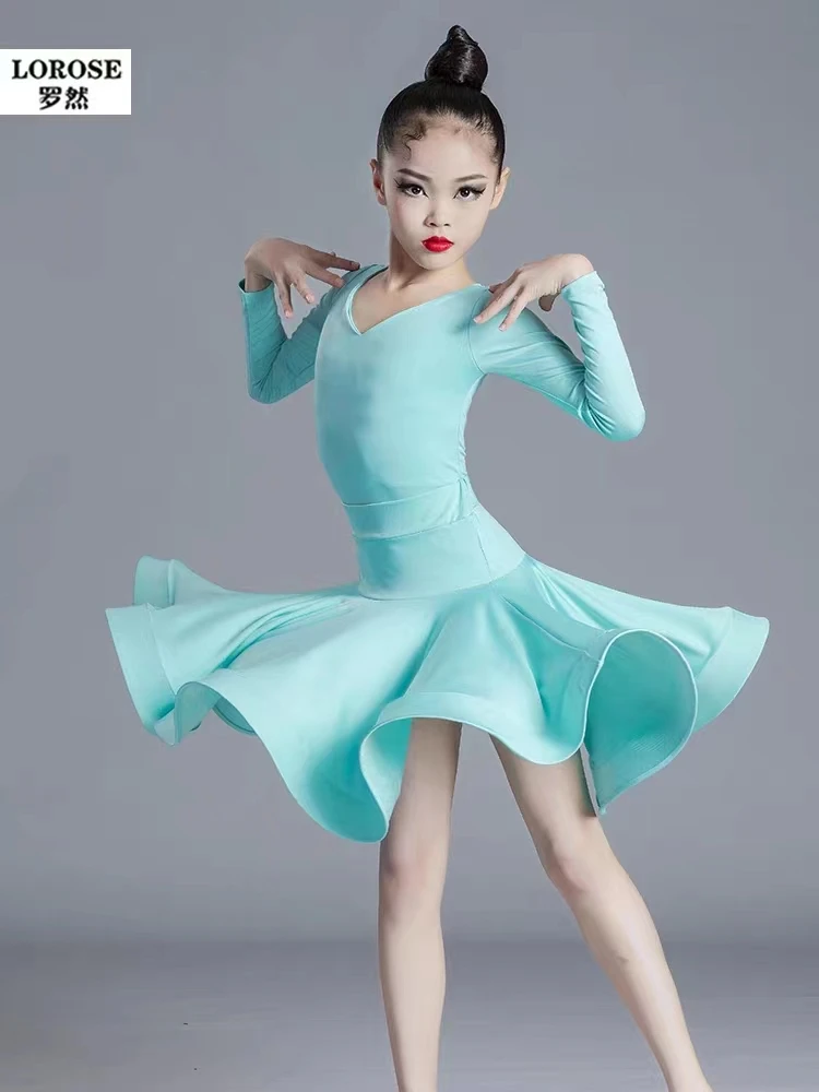 

New Girls' Latin Dance Dress Long Sleeve Top and Skirt Suit Children's Standard Rumba Chacha Competition Clothing in 4 Colors