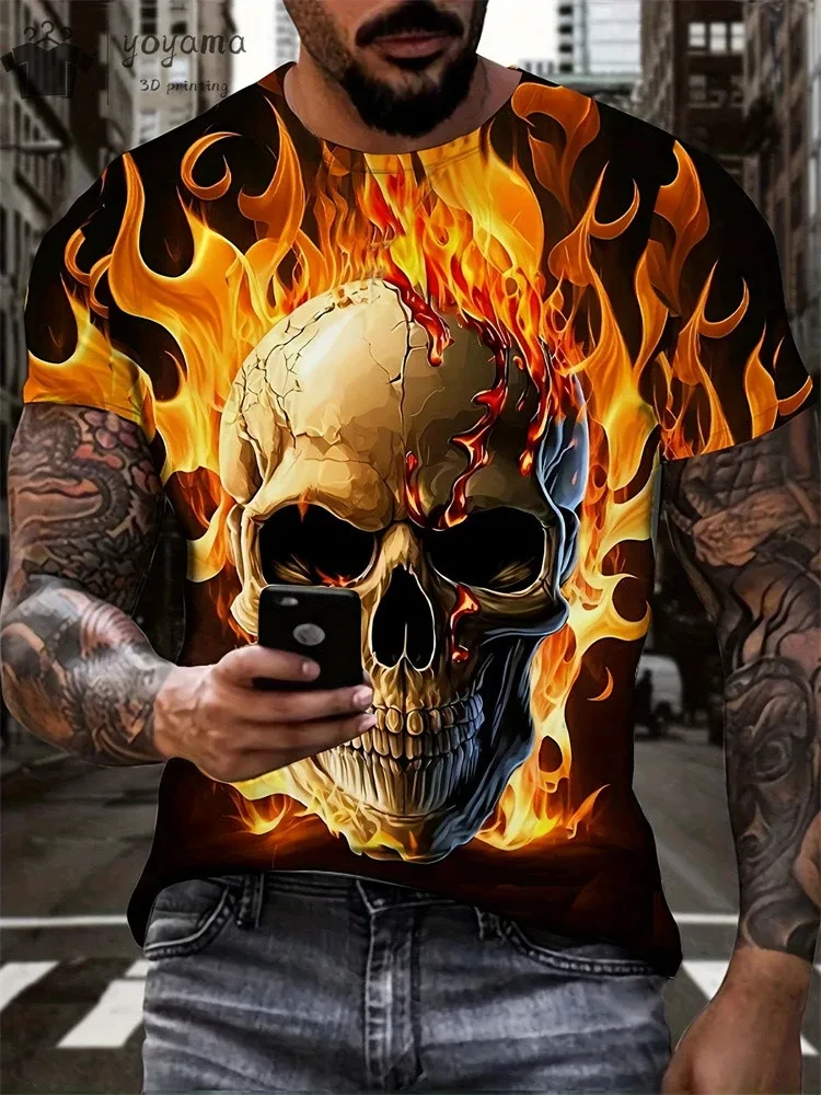 Mens Oversized 3D Skull Print T-Shirt - Summer Horror Fashion Tee