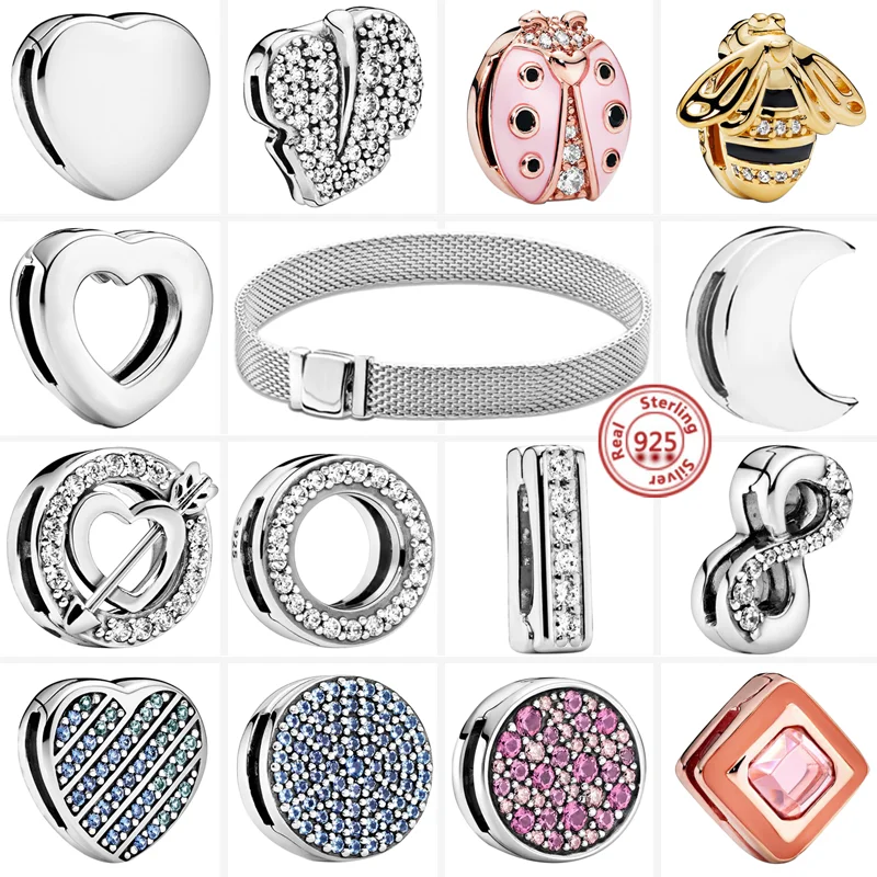 925 Sterling Silver Lucky Beads Pavé Heart Moon Bee Leaves Round Clip Charm Fit Originale Pandora Reflexions Bracciale Gioielli Fai Da Te