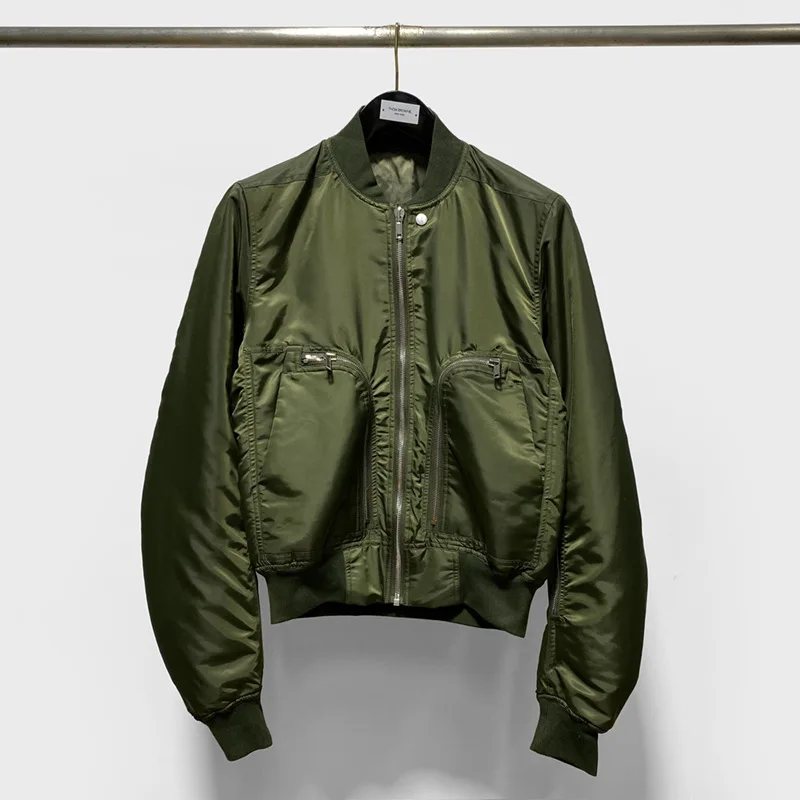 

High Street Rick Jackets for Men Men Green Zipper Large Pocket Ro Owens High Quality Baseball Jersey Cotton Jacket Coat