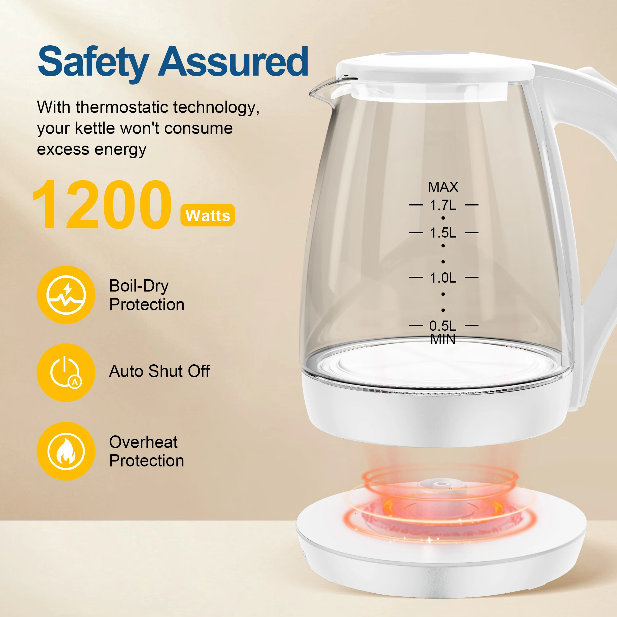 Electric Kettle with Water Dispenser - 1.7L Elegant Glass Tea Pot, 1200W Fast Boiling, LED Indicator, Auto-Shutoff 3