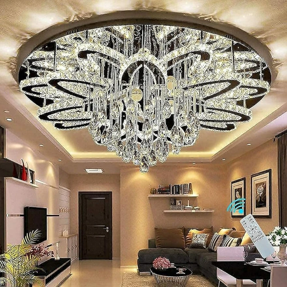 

32" Modern K9 Crystal Chandelier Flush Mount LED Folwer Ceiling Light Fixture Pendant Lamp for Living Room Restaurant Lighting