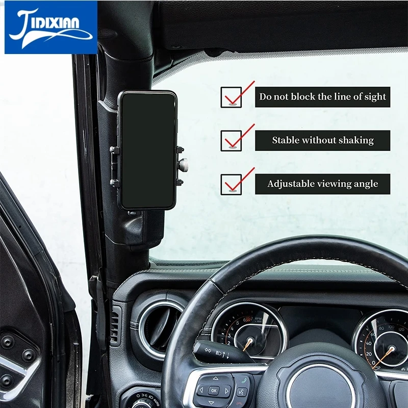 JIDIXIAN Car A-Pillar Grab Handle Adjustable Anti-shake Stable Mobile Phone Holder for Jeep Wrangler JL Gladiator JT -
