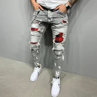 New Men's Skinny Ripped Jeans Fashion Grid Hole Endothecium Patches Slim Fit Stretch Casual Denim Pencil Pants Jogging Trousers